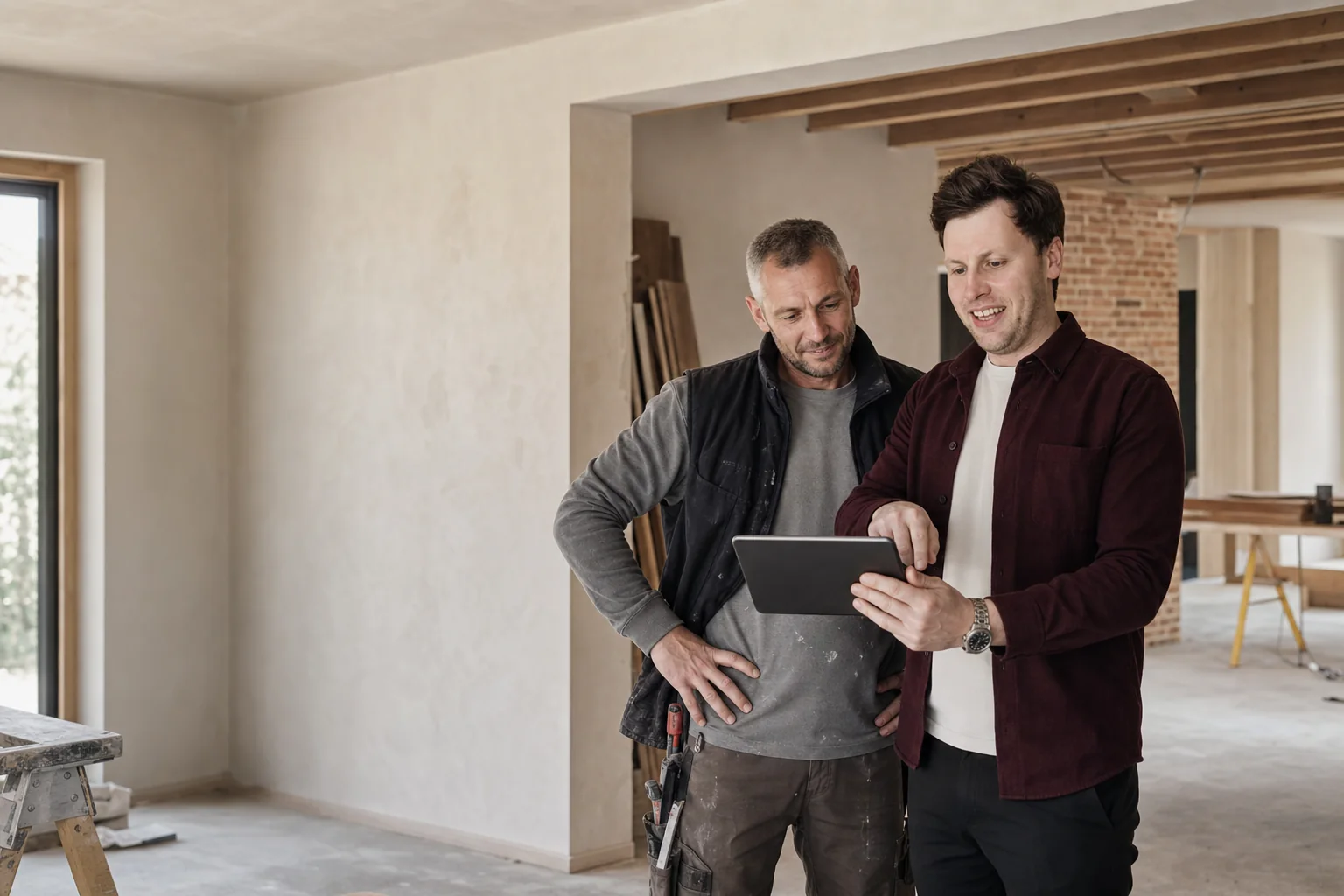 Struktief bespreekt de planning met een vakman op de werf